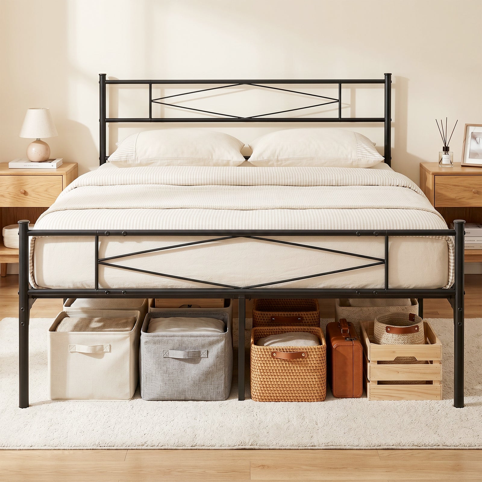 4ft6 Double Bed Frame with Headboard and Footboard, Metal Platform Bed