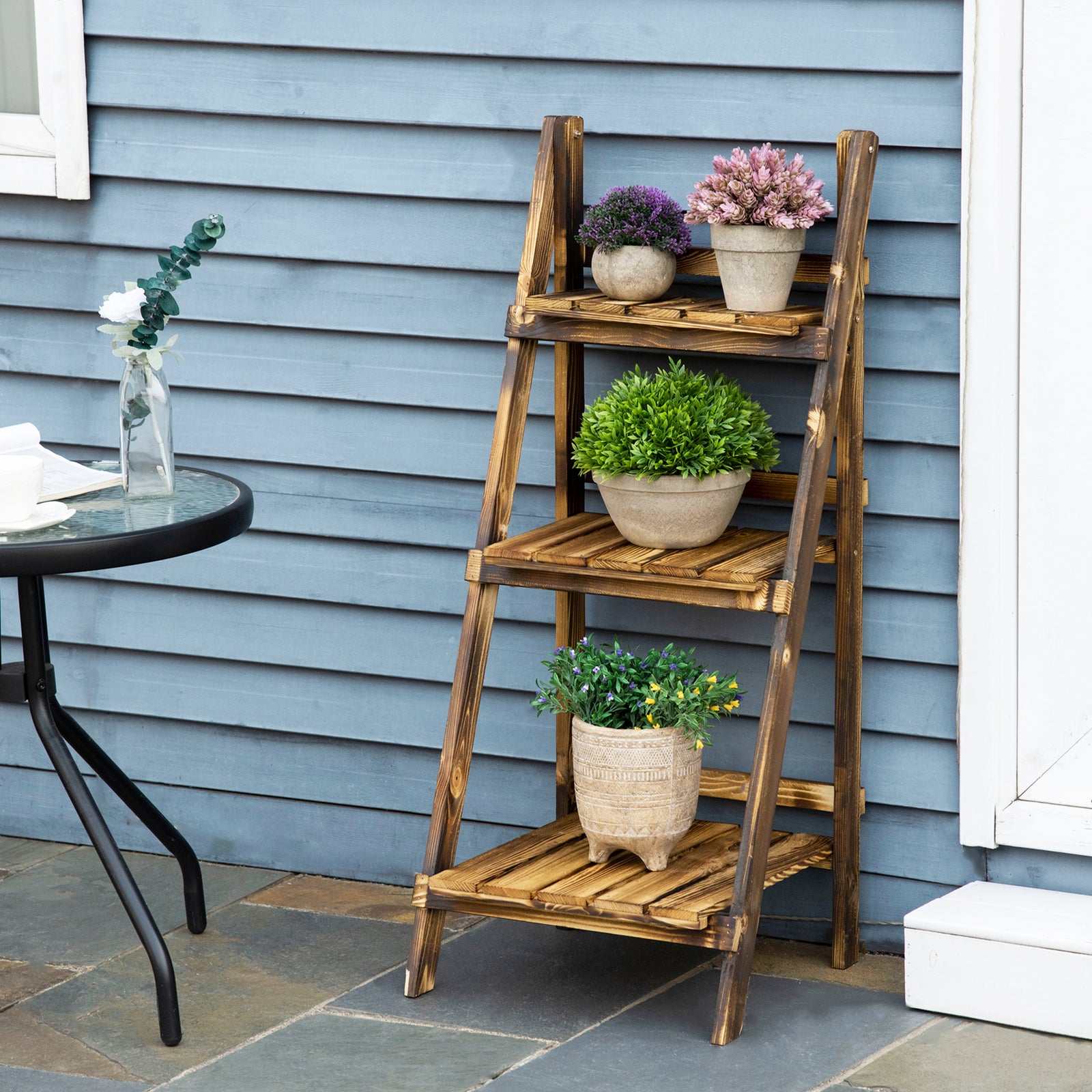 Wooden Folding Flower Pot Stand 3 Tier Garden Planter Display Ladder Gardener Storage Shelves Rack Herb Holder (40L x 37W x 93H cm)