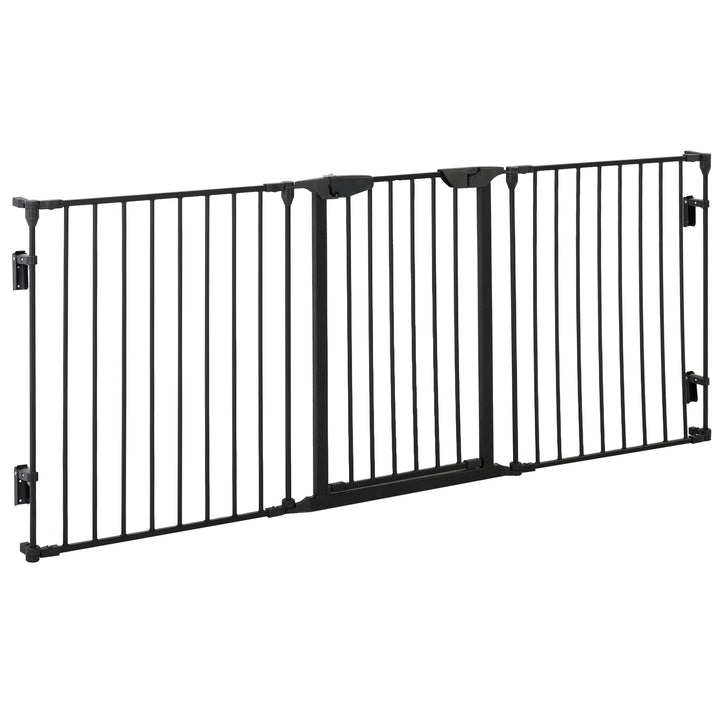 PawHut 3-Panel Metal Pet Gate: Safety Fence for Dogs with Walk Through Door & Auto Close Lock, Room Divider, Black | Aosom UK