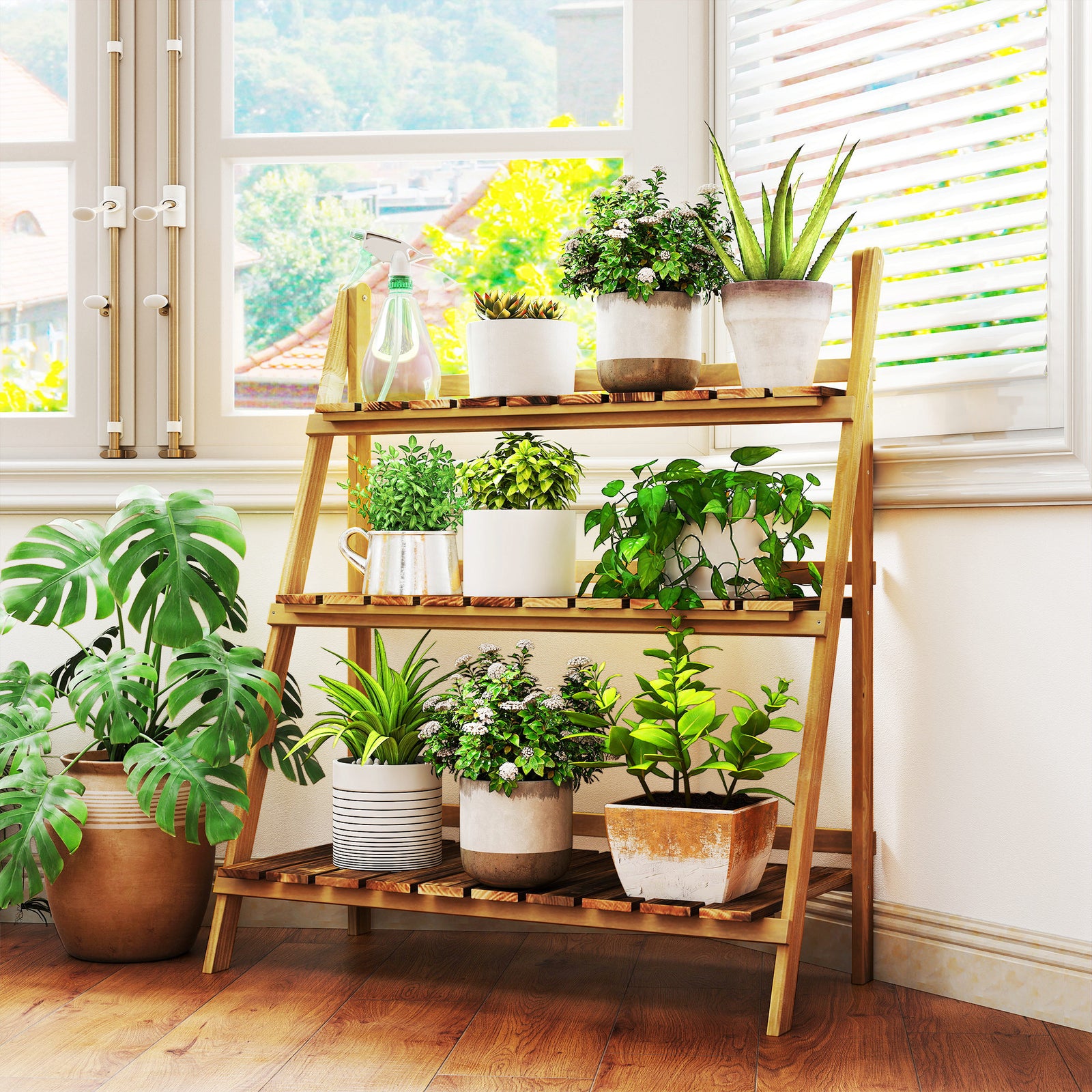 Wooden Folding Flower Pot Stand 3 Tier Garden Planter Display Ladder G