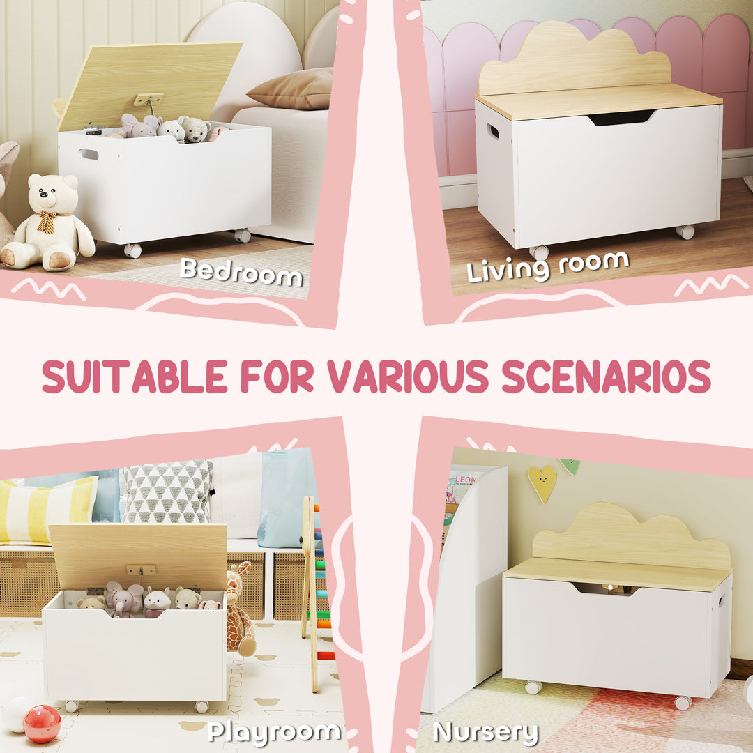 Toy Box with Lid, Toy Chest with Wheels and Safety Hinges, Toddler Storage Organiser for Playroom, Bedroom