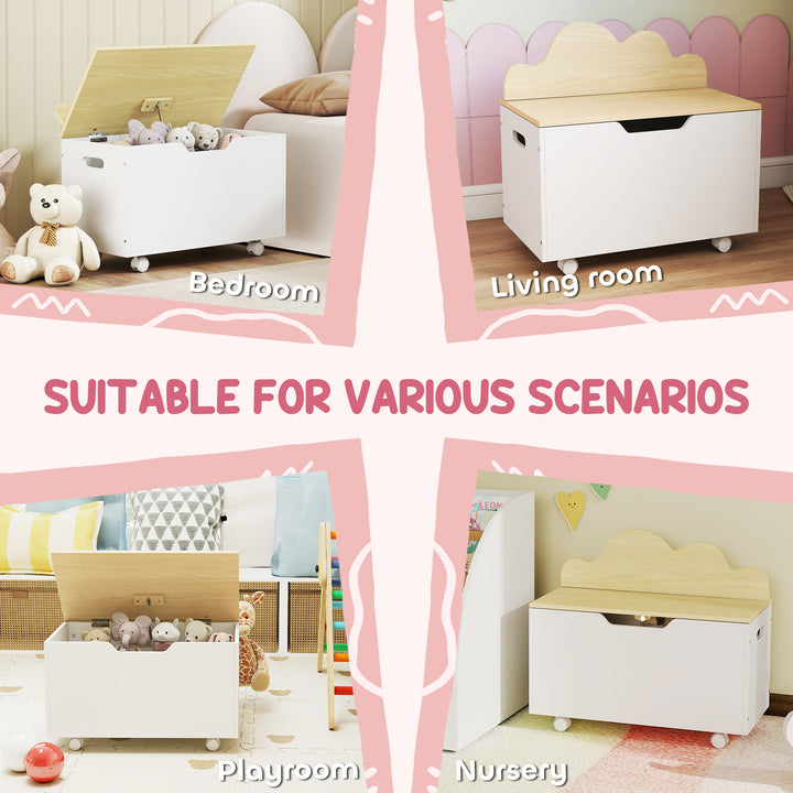 Toy Box with Lid, Toy Chest with Wheels and Safety Hinges, Toddler Storage Organiser for Playroom, Bedroom