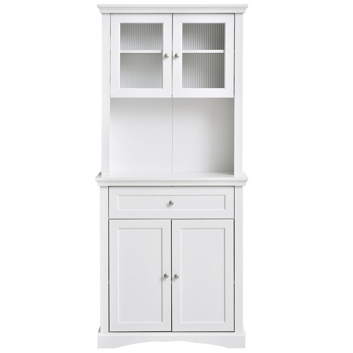 HOMCOM Kitchen Cupboard, Freestanding Storage Cabinet with Glass Doors, Adjustable Shelves, and Open Counter, White