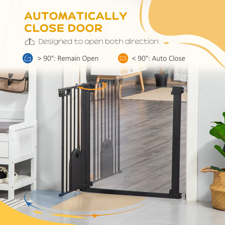 Dog Gate with Cat Flap Pet Safety Gate Barrier, Stair Pressure Fit, Auto Close, Double Locking, for Doorways, Hallways, 75-82 cm Black