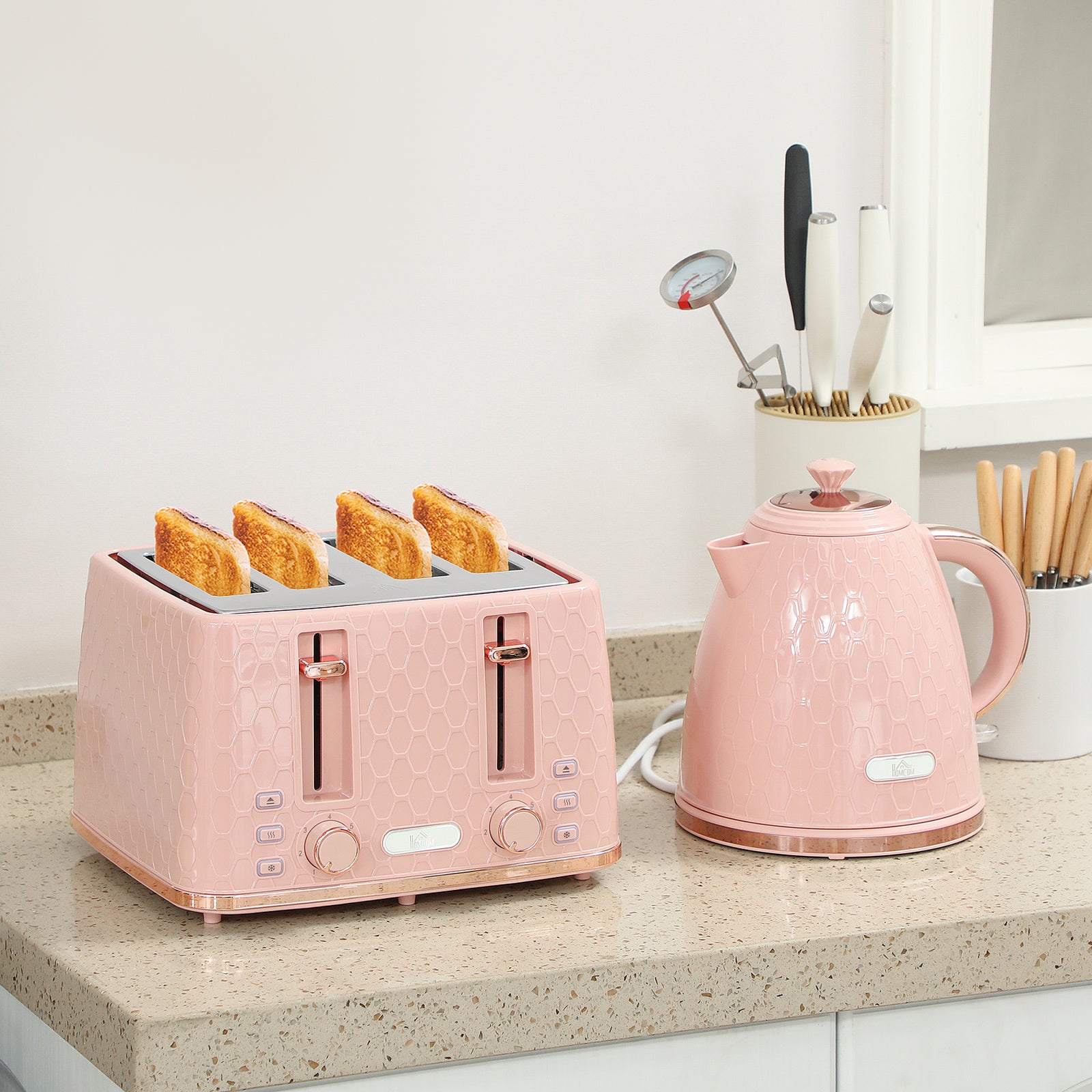 Kettle and Toaster Set, 1.7L 3000W Fast Boil Jug Kettle, 4 Slice Toaster with 7 Level Browning Controls, Light Pink