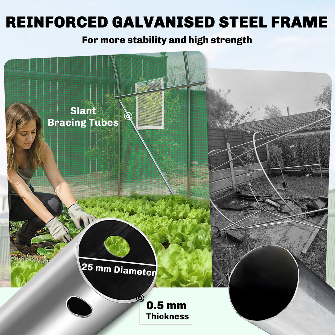 2 x 3 m Walk-in Polytunnel Greenhouse with Hinged Door and 6 Roll Up M