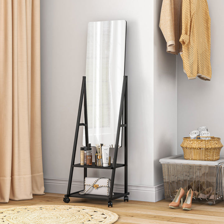 HOMCOM Rolling Full-Length Dressing Mirror on Wheels with Adjustable Angle & Storage Shelves for Bedroom | Aosom UK