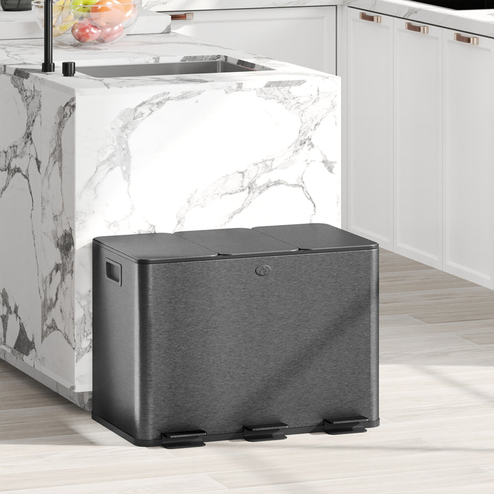 HOMCOM 3 x 20L Pedal Bin, Steel Triple Kitchen Bin with Soft Close Lid, Removable Inner Buckets, Fingerprint-Proof, Black