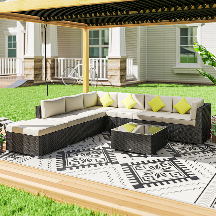 Outsunny 8 Pieces PE Rattan Corner Sofa Set with Thick Cushions, Aluminium Outdoor Rattan Garden Furniture Set with Glass Top Table, No Assembly Required, Black