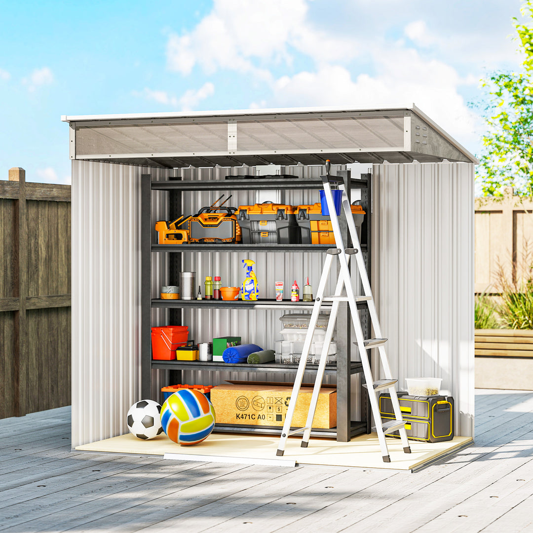 6.5 x 4FT Galvanised Metal Shed with Foundation Kit, Lockable Tool Garden Shed with Double Sliding Doors, Vents, Light Grey Wood Effect