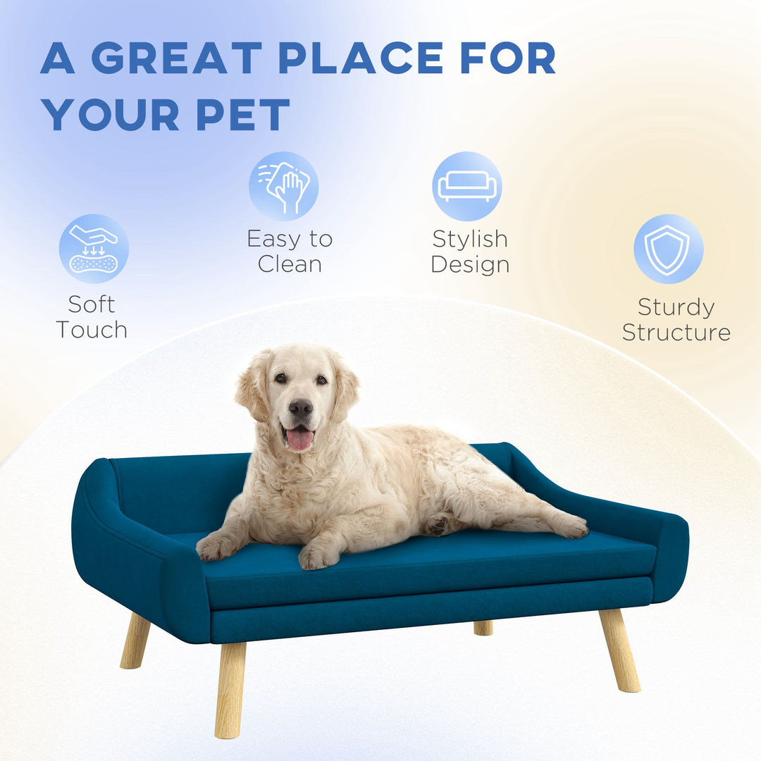 Dog Couch with Soft Cushion, Pet Sofa Bed with Wooden Frame, Removable Cover, for Medium and Large Dogs, Blue