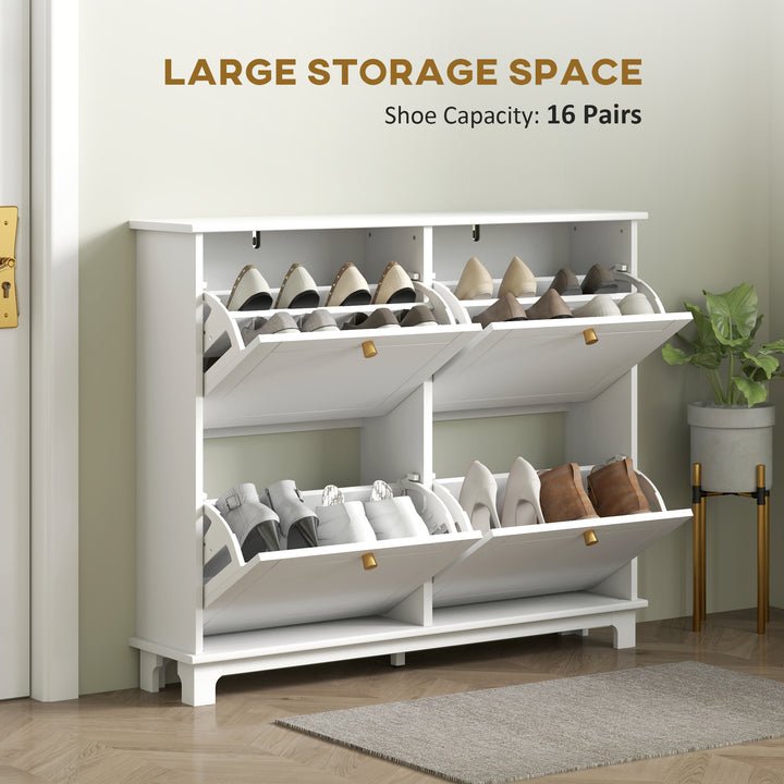 Narrow Shoe Storage Cabinet, Slim Shoe Cabinet with 4 Flip Drawers, Adjustable Shelves for 16 Pairs of Shoes, White