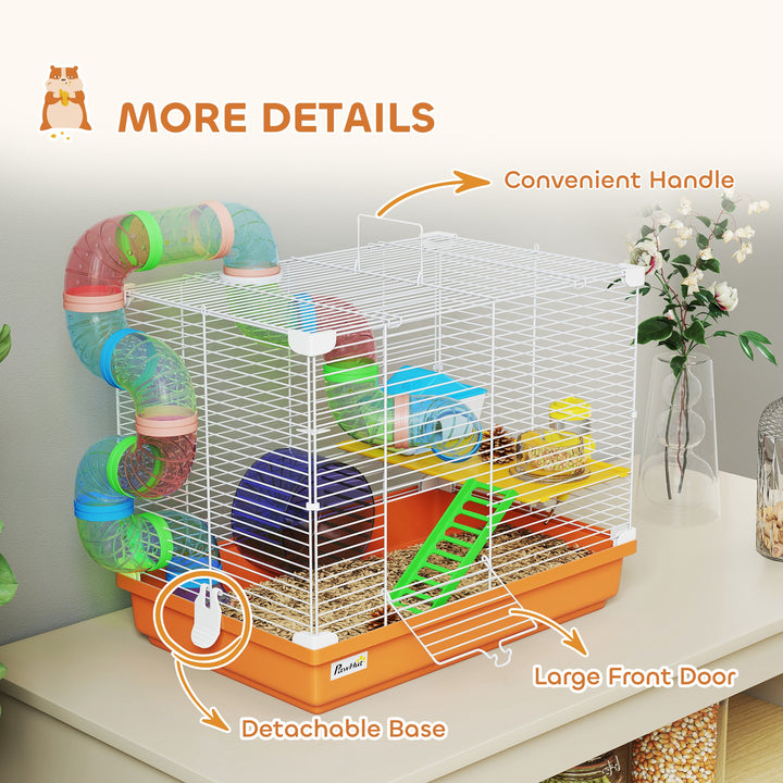 2 Tier Hamster Cage, Gerbil Cage with Handle, Exercise Wheels, Tunnel,