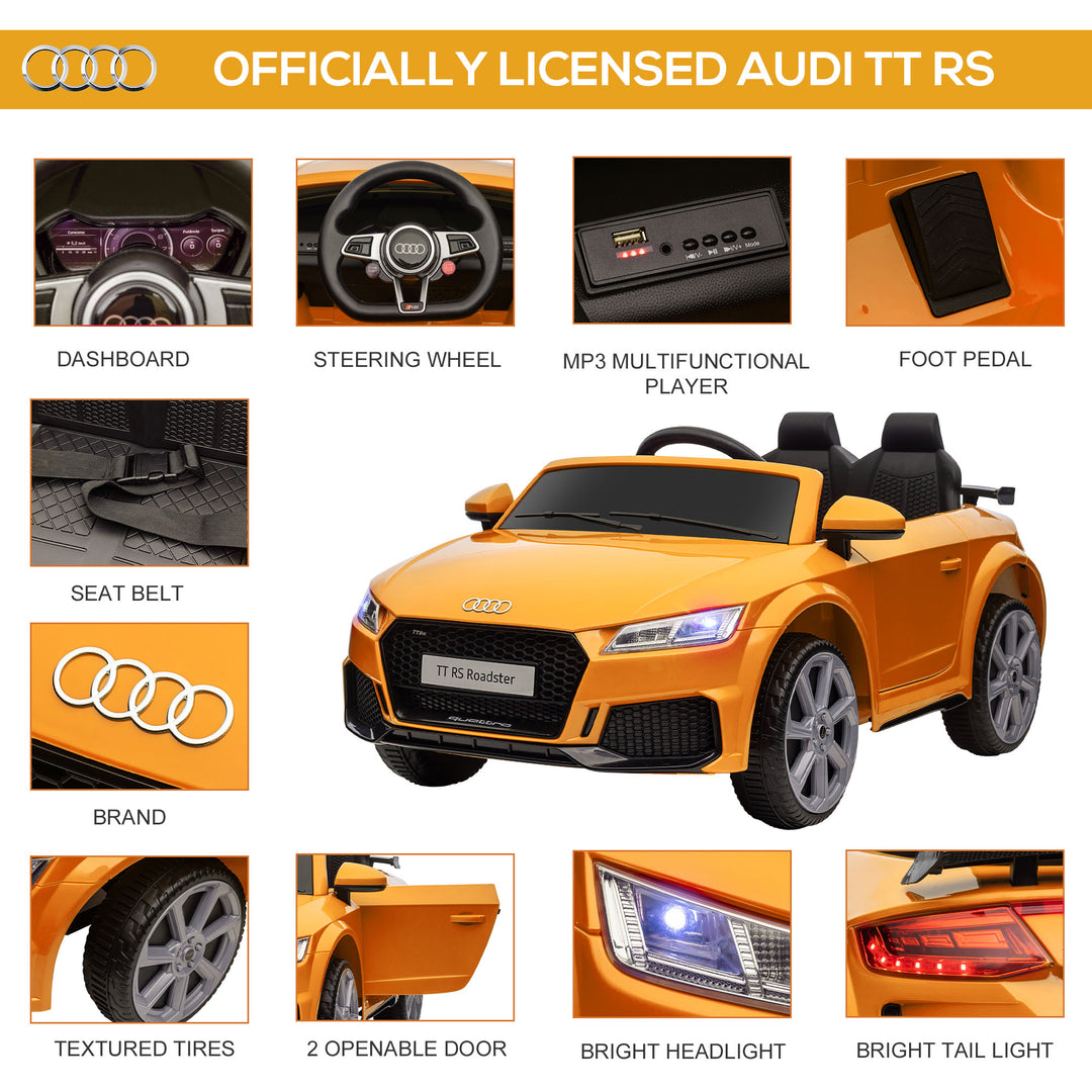 HOMCOM Kids Licensed Audi TT RS Ride-On Car 12V Battery w/ Remote Suspension Headlights and MP3 Player 3km/h Yellow | Aosom UK