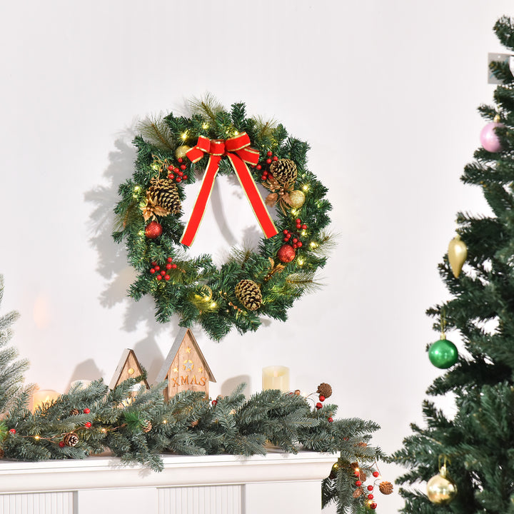 MCL 60cm Pre-Lit Artificial Christmas Door Wreath Holly LED Decor Pine Cones Hanging Glittered Festival Indoor Outdoor Decoration