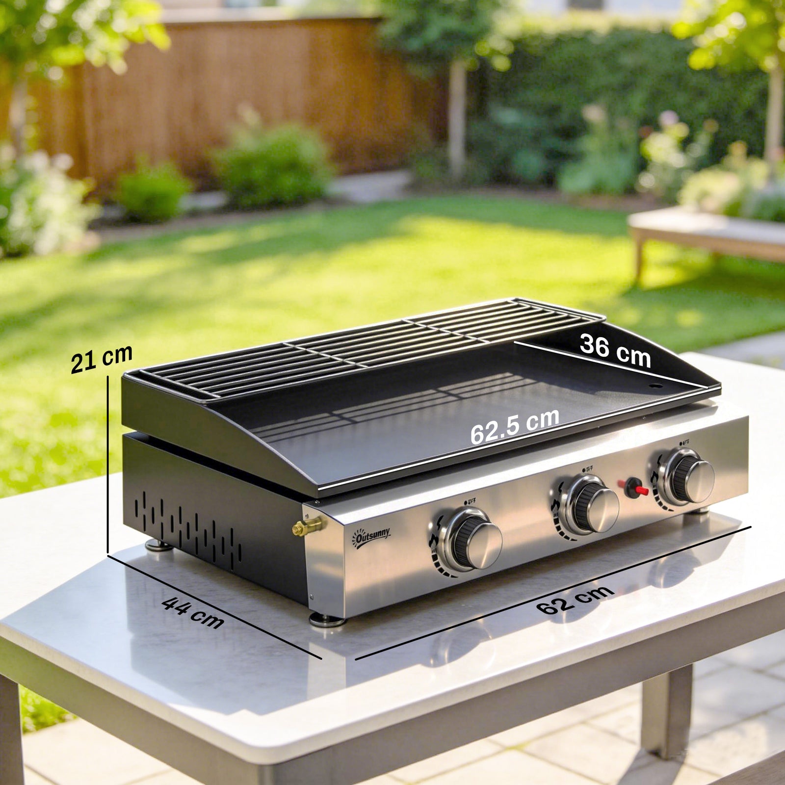 3 Burner Grill Griddle, Portable Gas Plancha with Warming Rack, 7.5 kW