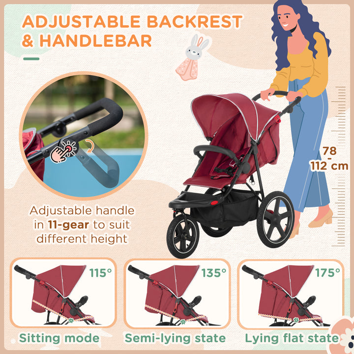 HOMCOM Foldable Tri-Wheeler Pushchair with Sun Canopy and Storage Basket, Lightweight and Compact, Red | Aosom UK