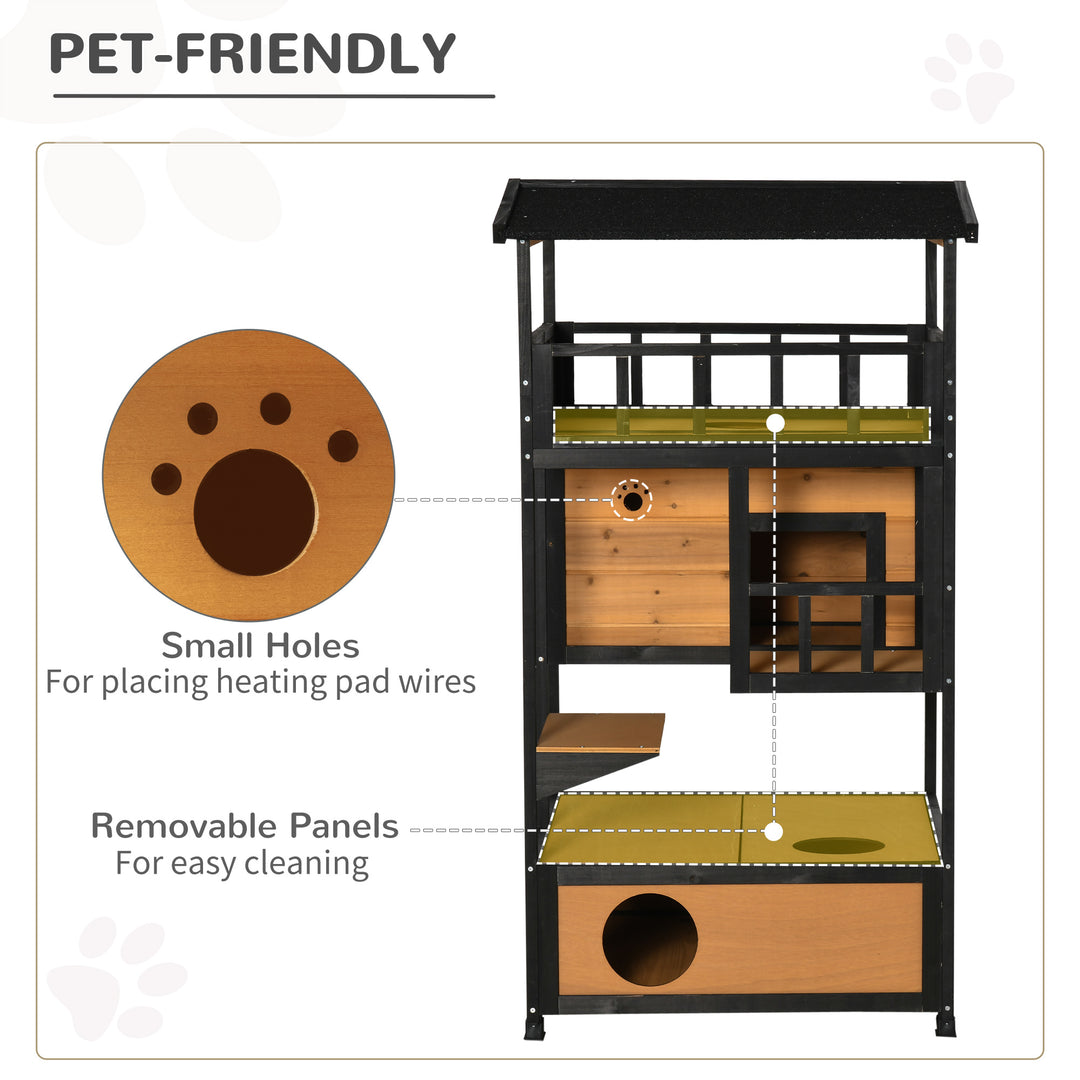 Wooden Outdoor Cat House, 3-Tier Cat Shelter with Tilted Roof, Terrace, Jump Step, Bottom Tray and Elevated Base, Waterproof Paint, Yellow