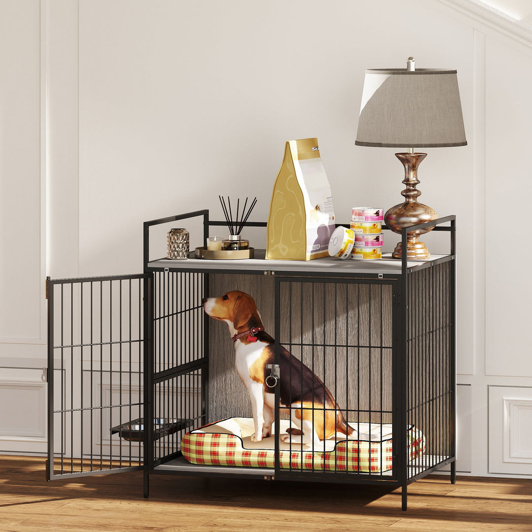 Dog Crate Furniture with Rotating Bowl Holder, 2 Bowls, 2 Doors, for Medium Dogs, 80 x 56 x 76.5 cm, Grey
