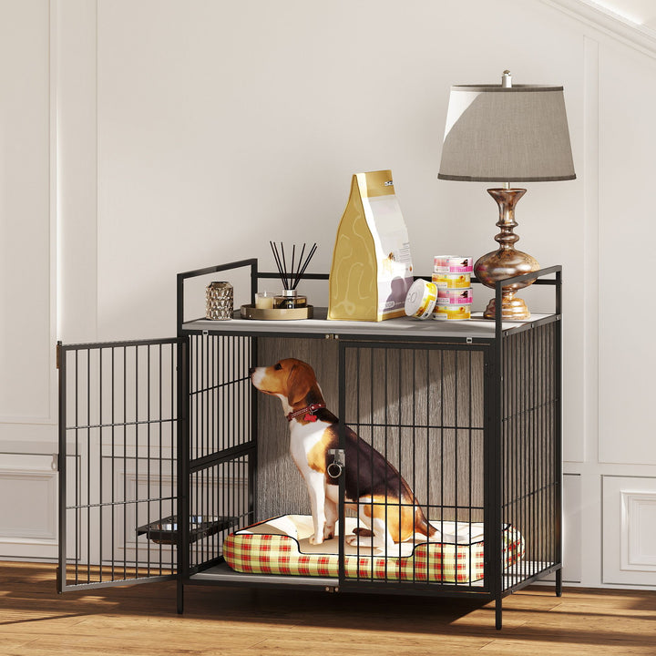 Dog Crate Furniture with Rotating Bowl Holder, 2 Bowls, 2 Doors, for Medium Dogs, 80 x 56 x 76.5 cm, Grey