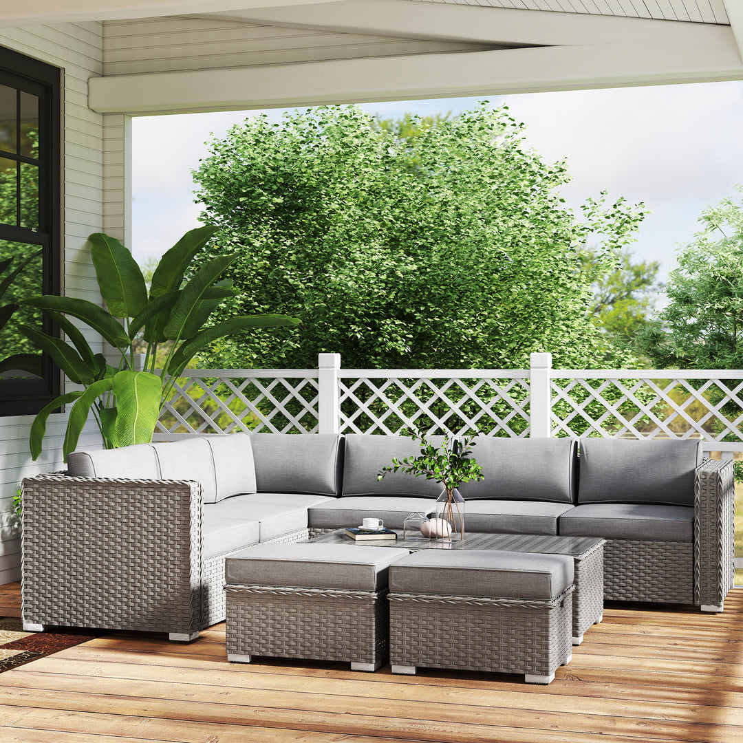 MCL 6 Pieces Outdoor PE Rattan Wicker Corner Sofa Set with 10cm Thick Padded Cushions, Aluminium Conservatory Furniture with Glass Top Coffee Table, Footstools, Grey