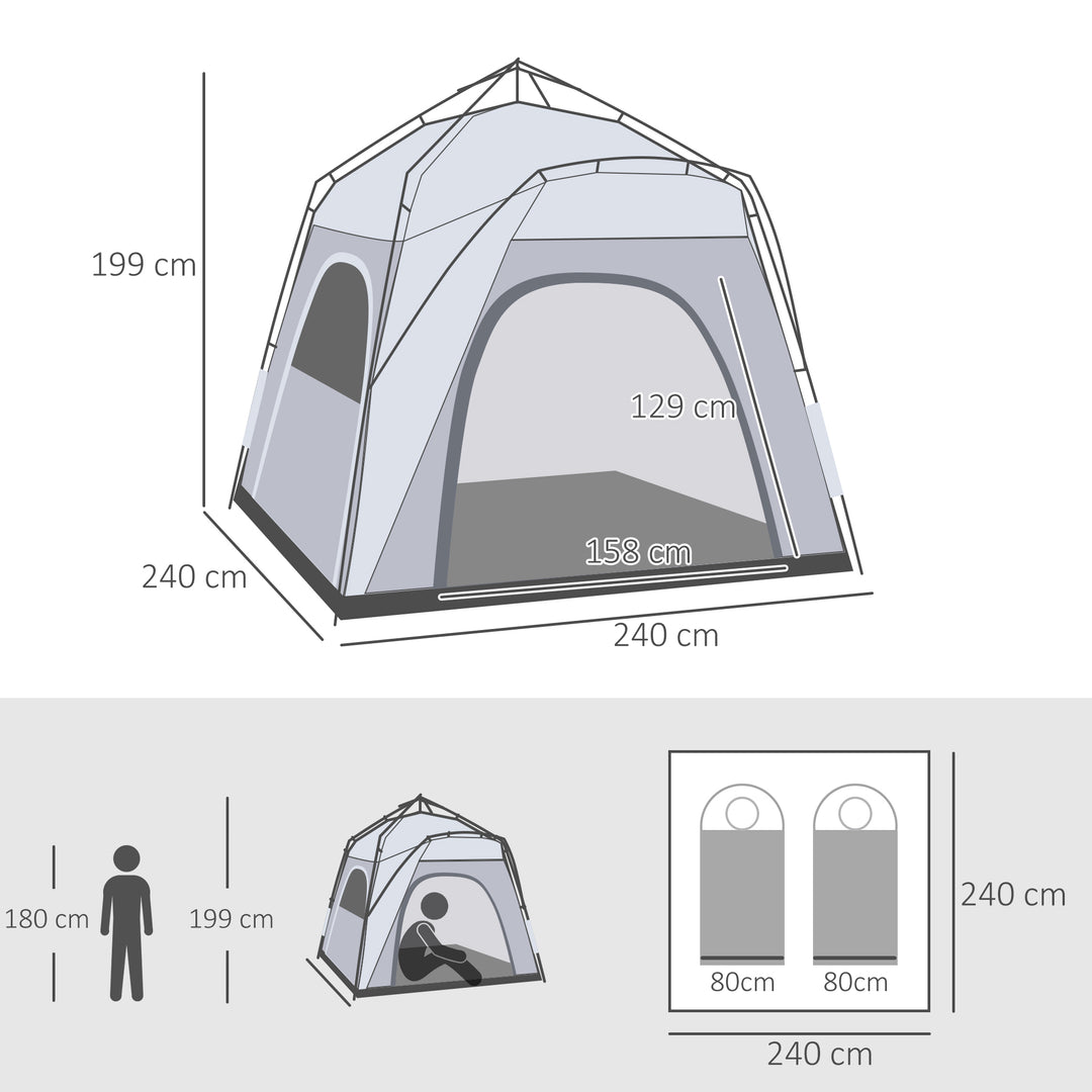 4 Person Automatic Camping Tent, Outdoor Pop Up Tent, Portable Backpacking Dome Shelter, Light Grey