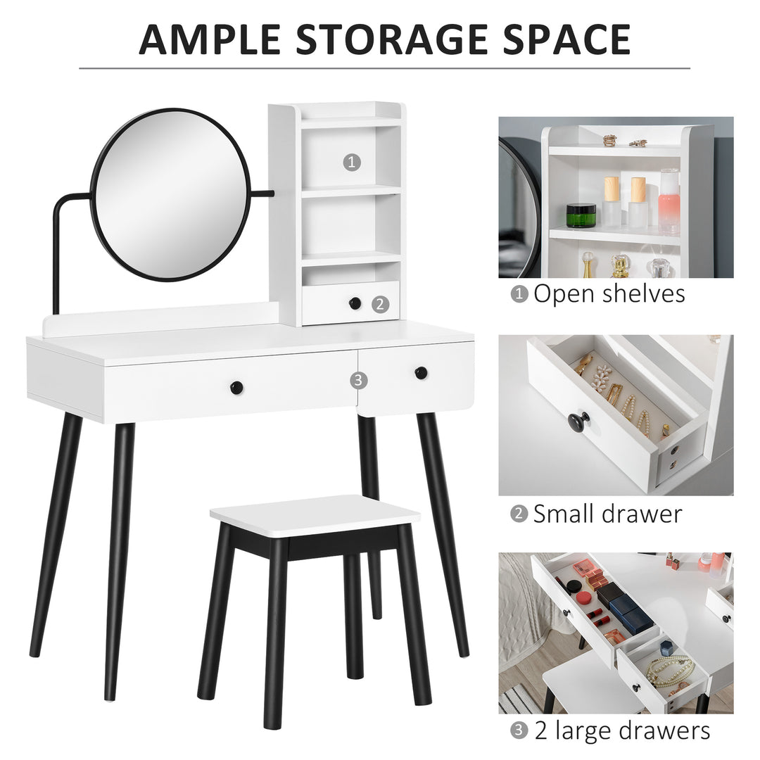 HOMCOM Vanity Dressing Table Set with Mirror and Stool, Makeup Table with 3 Drawers and Open Shelves, White | Aosom UK