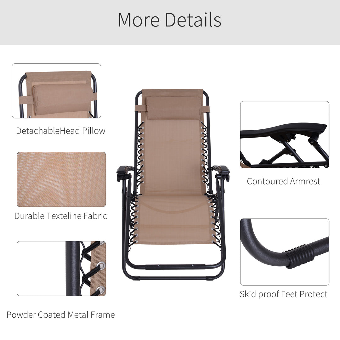 Zero Gravity Chair Metal Frame Texteline Armchair Outdoor Folding and Reclining Sun Lounger with Head Pillow for Patio Decking Gardens Camping, Beige