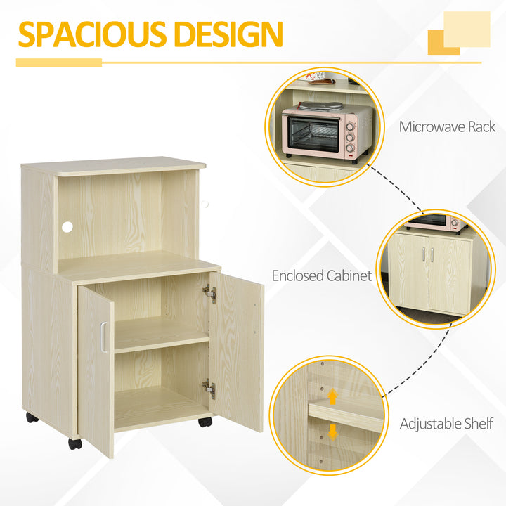 Kitchen Storage Unit, Modern Microwave Stand Trolley Cart, Sideboard with Cabinet, Locking Wheels, Shelf for Living Room, Dining Room, Oak Tone