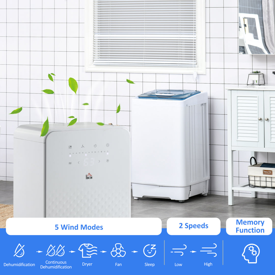 HOMCOM 2000mL Portable Dehumidifier with Air Purifier, 24H Timer, 5 Modes, 12L/Day, for Home Laundry, White