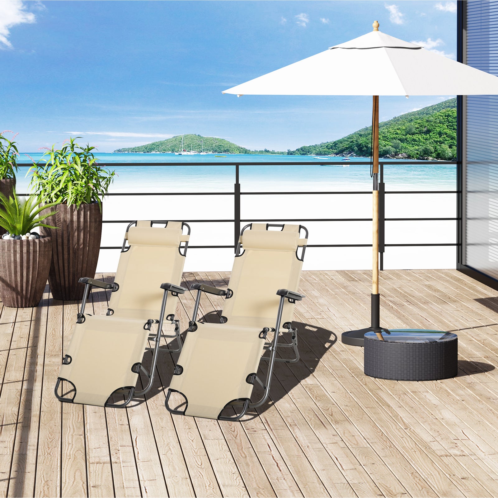 2 in 1 Folding Sun Lounger Reclining Garden Chair Set of 2 with 2-Level Adjustable Backrest, Outdoor Zero Gravity Recliner Garden Chairs with Head Pillow and Armrests, Beige
