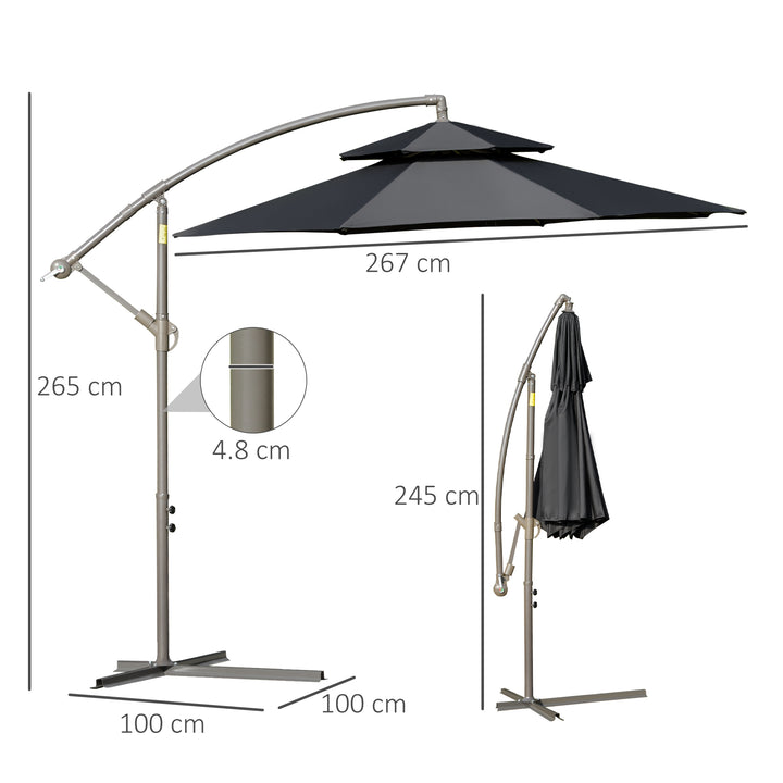 MCL 2.7m Banana Parasol Cantilever Umbrella with Crank Handle, Double Tier Canopy and Cross Base for Outdoor, Hanging Sun Shade, Black