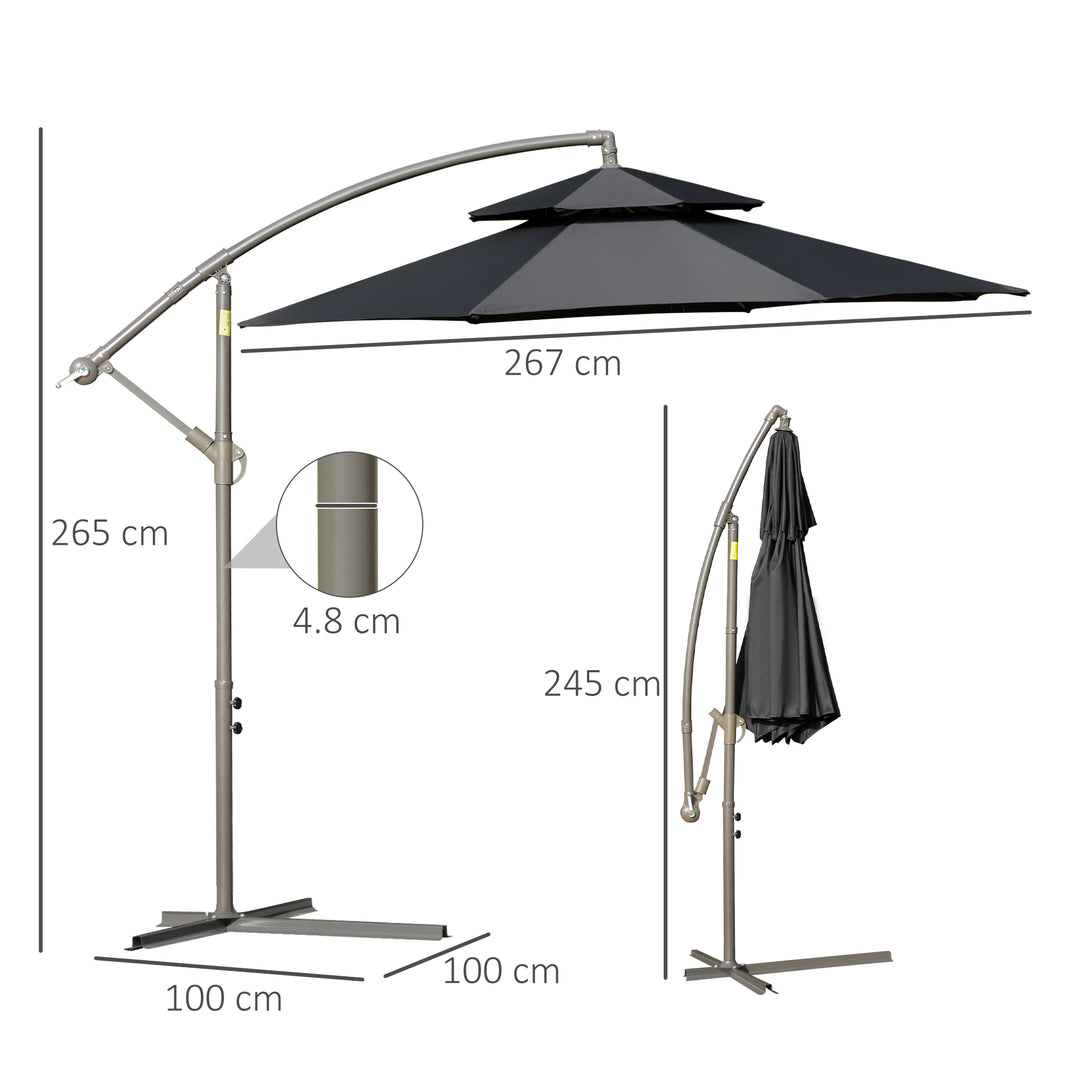2.7m Banana Parasol Cantilever Umbrella with Crank Handle, Double Tier Canopy and Cross Base for Outdoor, Hanging Sun Shade, Black