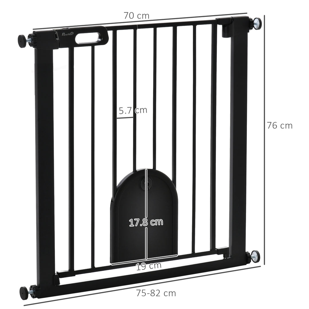 PawHut 75-82 cm Pet Safety Gate Barrier, Stair Pressure Fit, w/ Small Door, Auto Close, Double Locking, for Doorways, Hallways, Black | Aosom UK