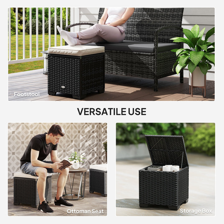Set of 2 Rattan Storage Ottoman, Outdoor Footstool with Removable Cushions, Garden Storage Seat for Balcony, Porch, Living Room, Cream