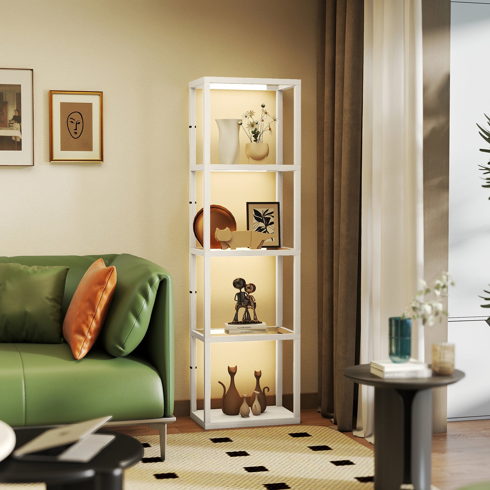 LED Floor Lamp with Glass Shelves, 4 Layers Dimmable Tall Standing Lamp, Modern Column Shelf Floor Light for Living Room, Bedroom, Office, Oak