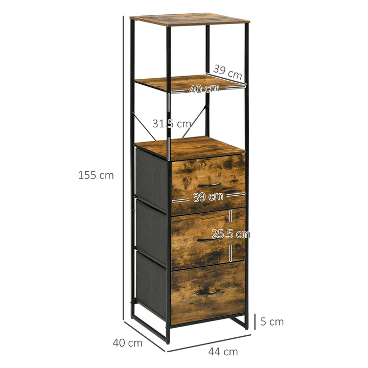Industrial Storage Cabinet with 2 Open Shelves and 3 Foldable Fabric Drawers, Multifunctional Bookshelf in Living Room, Study, Bedroom, Rustic Brown