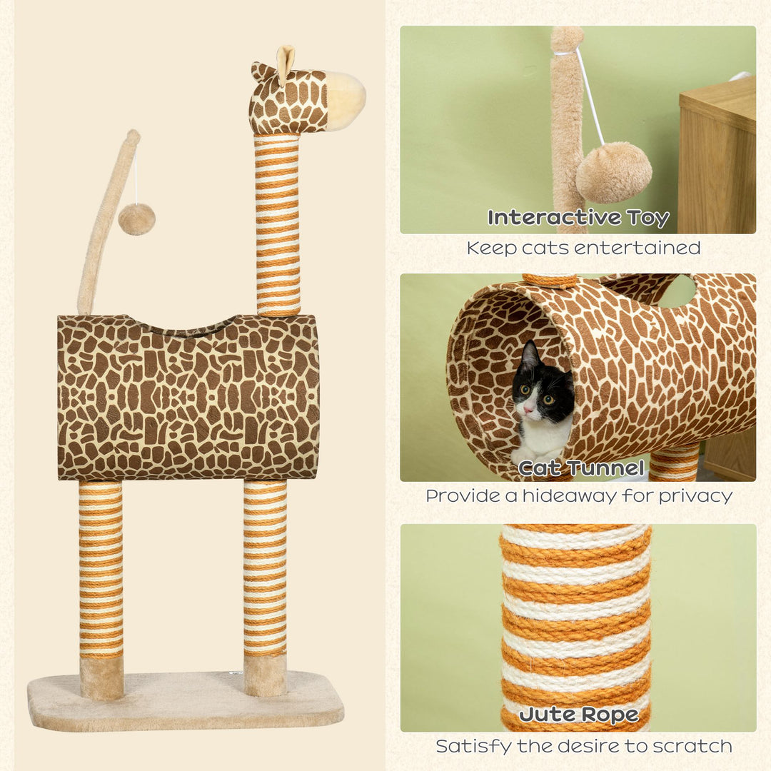 PawHut Giraffe Cat Tree, Indoor Play Tower with Scratching Posts, Tunnel, Ball Toy, 48.5 x 34.5 x 101 cm | Aosom UK