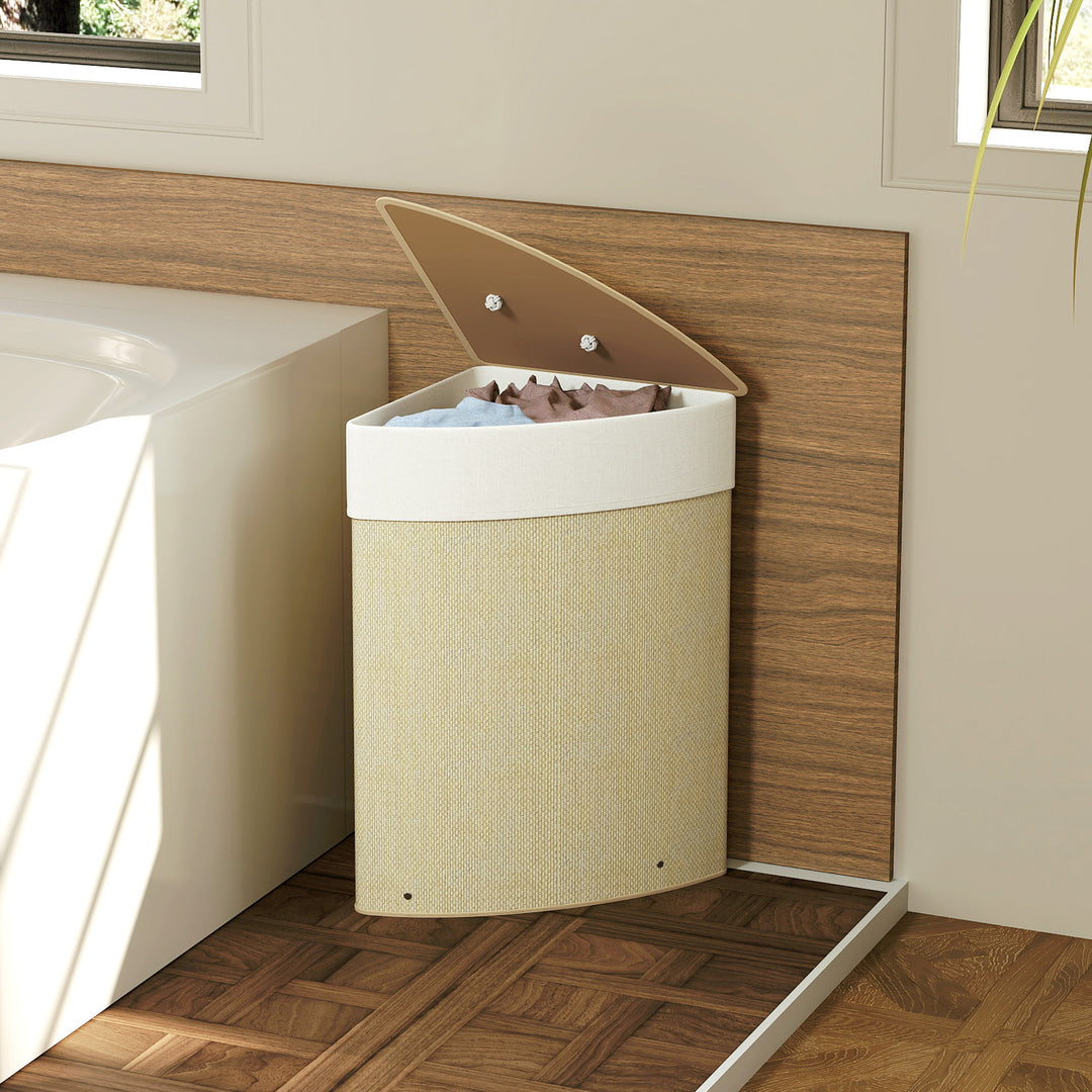 Bamboo Laundry Basket with Lid, 55L Corner Laundry Hamper with Removable Washable Liner Bag, Bathroom Triangle Washing Basket, 35 x 35 x 60 cm, Nature Wood Finish