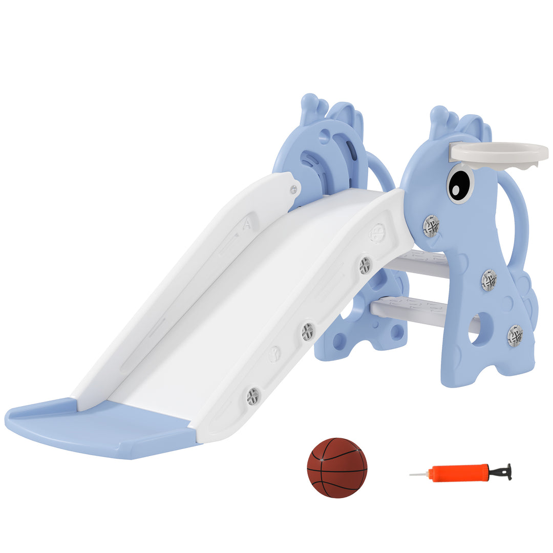 AIYAPLAY 3 in 1 Kids Slide with Climber, Basketball Hoop and Ball, Giraffe Shape Climber Slide for Indoor Kids Age 1-3, Blue