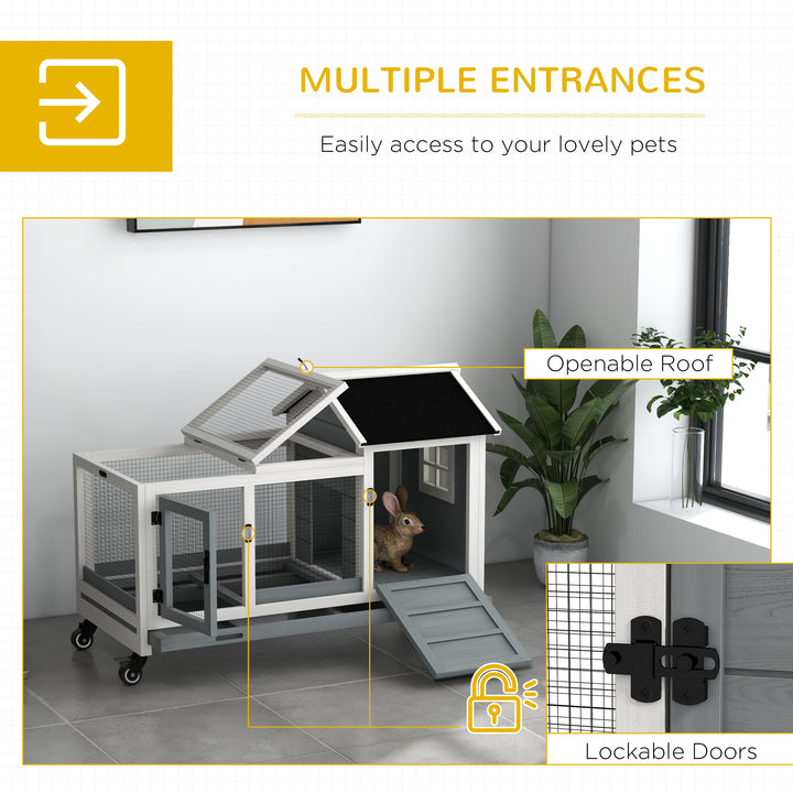 PawHut Wooden Rabbit Hutch, Guinea Pig Cage, with Removable Tray, Wheels - Grey