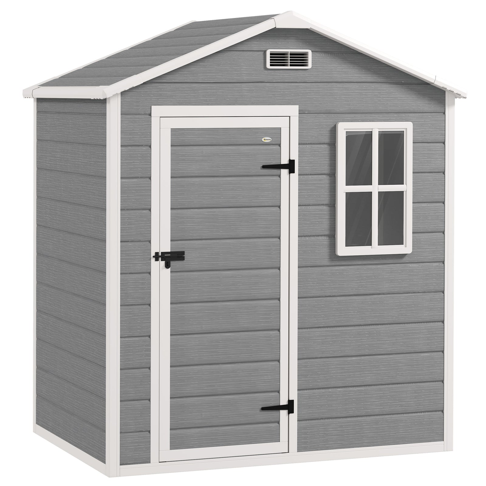6 x 4ft Garden Shed, Plastic Shed with Floor, Window, Lockable Door and Vents, Wood Effect Resin Tool Shed for Outdoor, Grey