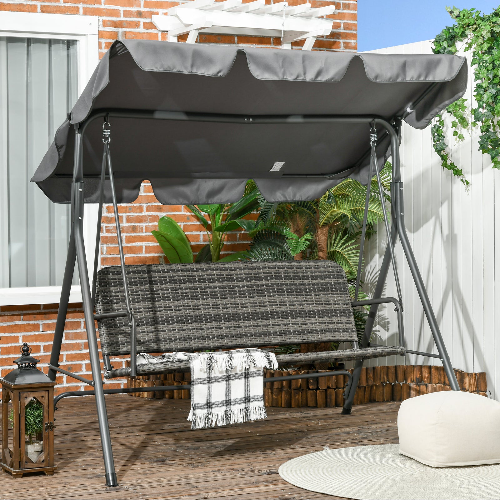 3-Seater Outdoor PE Rattan Swing Chair, Patio Wicker Hanging Swing Bench with Steel Frame Stand & Adjustable Canopy, Grey