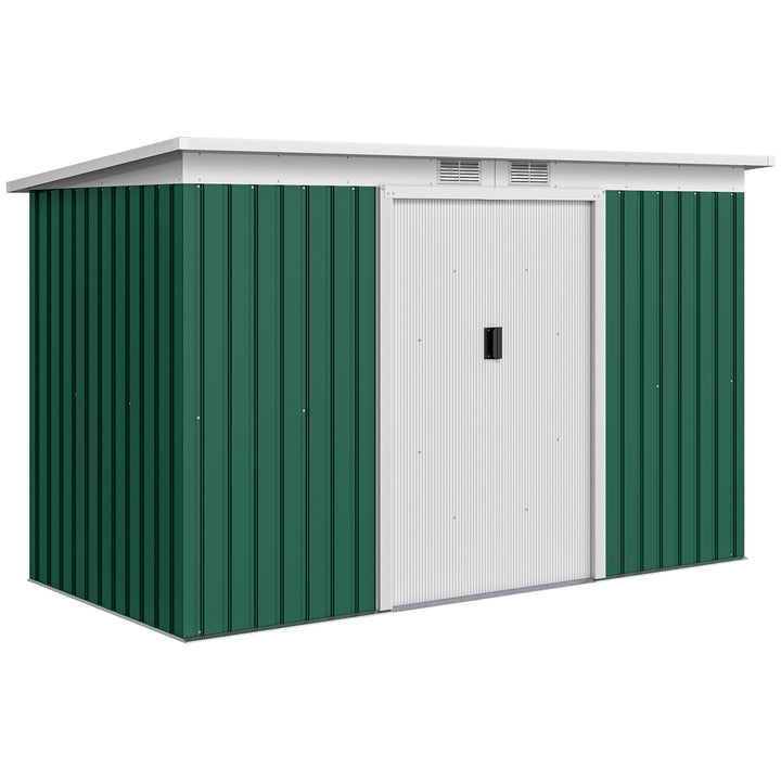 MCL 9ft x 4ft Metal Garden Shed, Outdoor Tool House with Foundation Kit, Ventilations and Double Doors, Deep Green