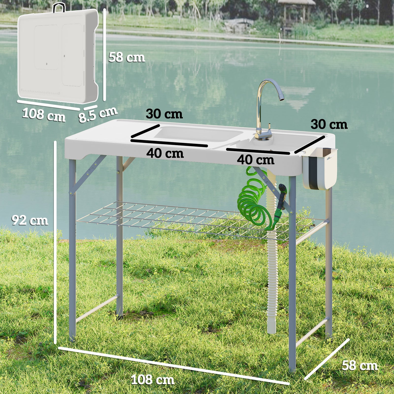 Folding Fish Cleaning Table with Sinks, Portable Camping Sink Table wi
