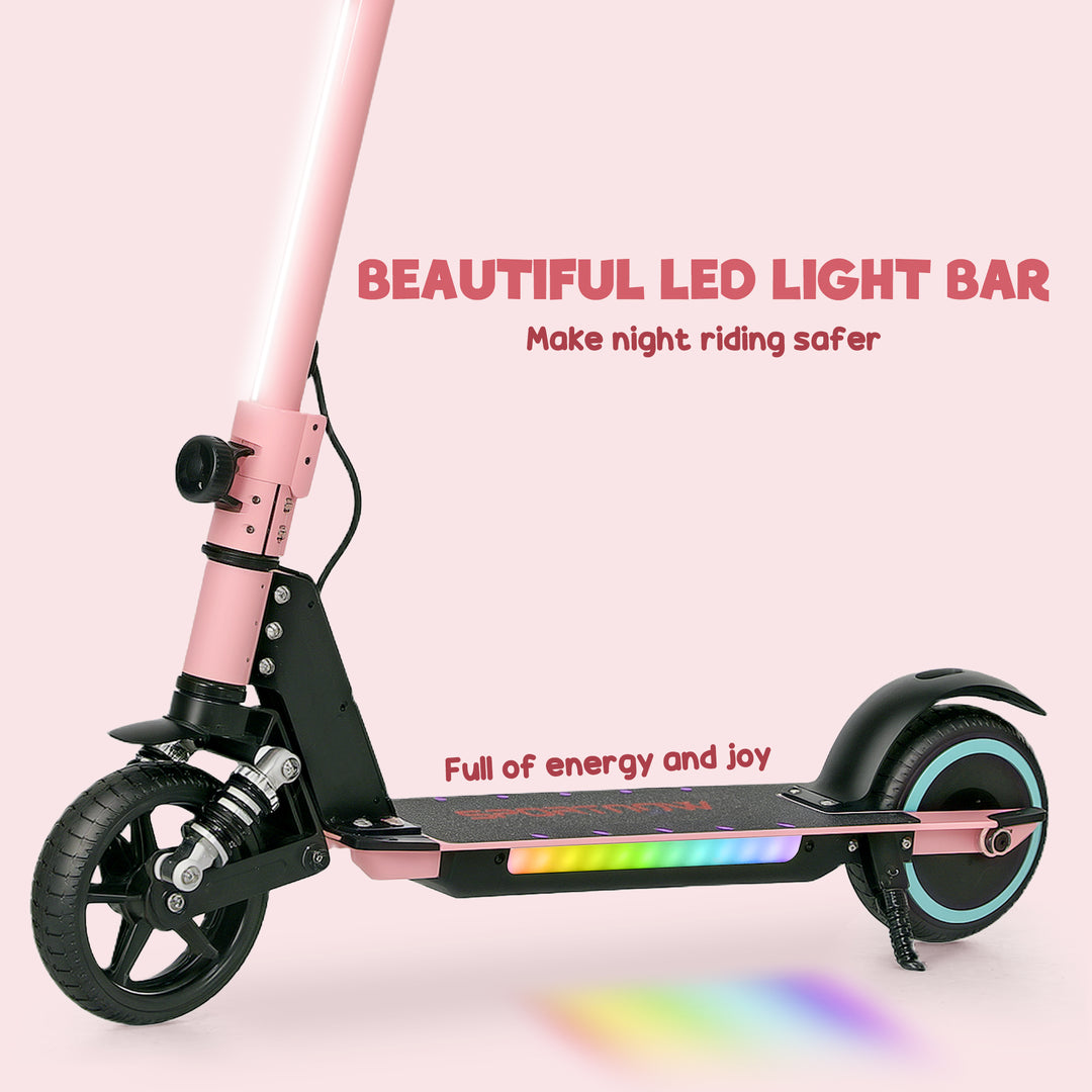 Folding Electric Scooter for Kids Age 6-14 with Dual Brakes, Front Suspension, LED Colourful Lights and Display, 6.8kg Lightweight Aluminium E Scooter, Up to 14 KM/H & 6 KM, Pink