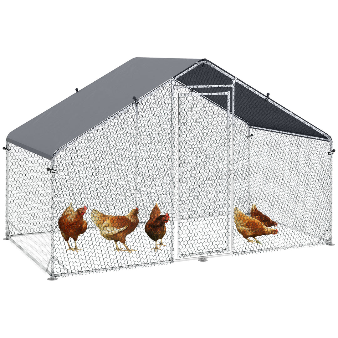 Large Chicken Coop, Galvanised Walk In Chicken Coop Hen House w/ Water-Resist Cover, 3 x 1.7 x 1.9m