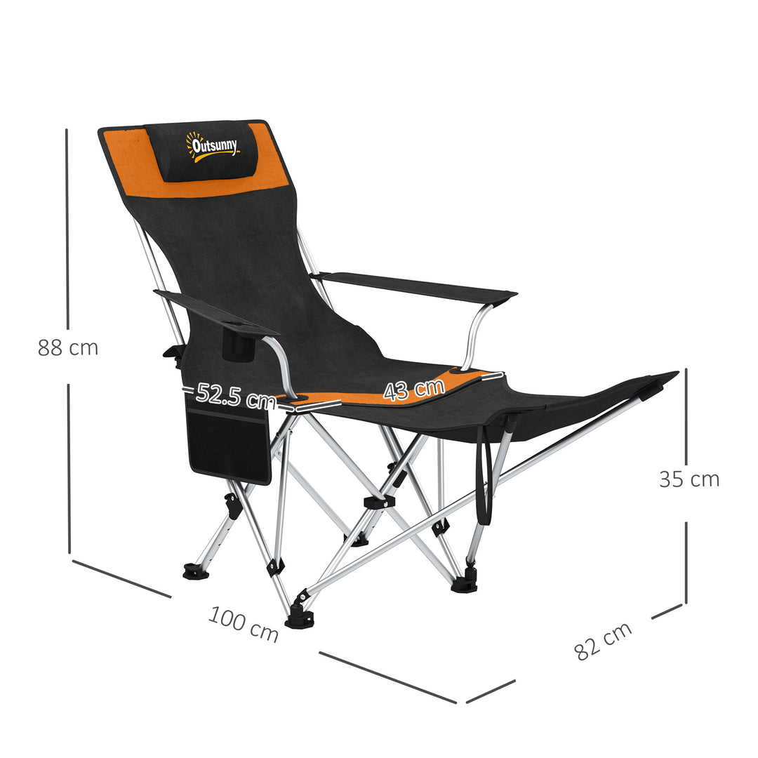 Set of 2 Reclining Folding Camping Chair w/ Detachable Footrest, Storage Bag, Cup Holder & Headrest, Lightweight Portable Camp Chair for Beach, Picnic, Orange and Black
