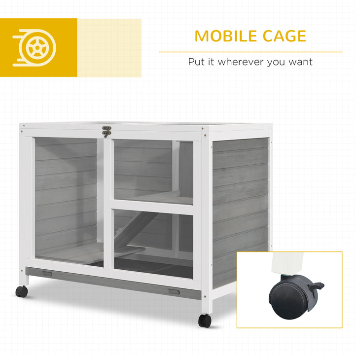 Wooden Rabbit Hutch Indoor with Wheels, Openable Roof, 91.5 x 53.3 x 73 cm, Grey