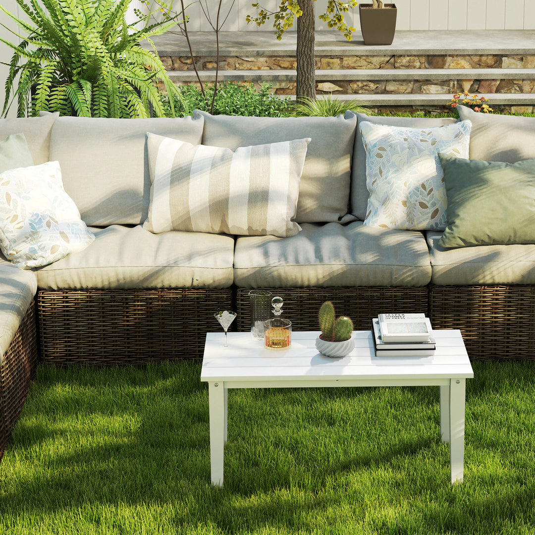 Outdoor Garden Coffee Table, HDPE All-Weather Rectangular Outdoor Garden Table with Slatted Tabletop for Patio, Balcony, 91 x 44 x 42 cm, White